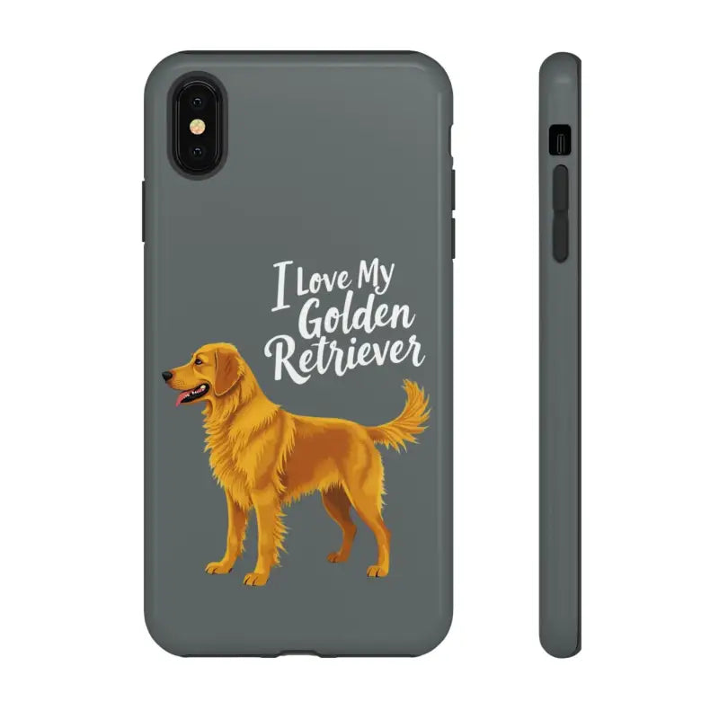 Gray Phone Case for iPhone 16 Pro with Golden Retriever Design displayed elegantly