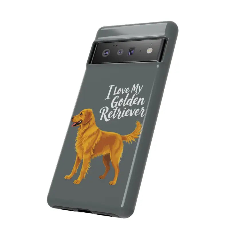 Gray phone case with golden retriever design for iPhone 16 Pro