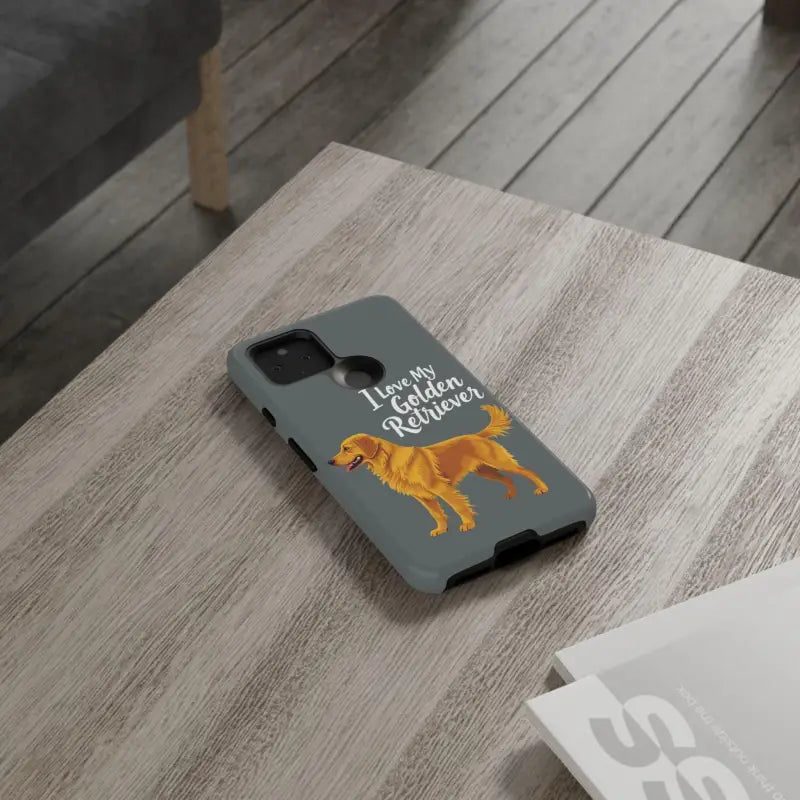 Gray phone case with golden retriever design for iPhone 16 Pro