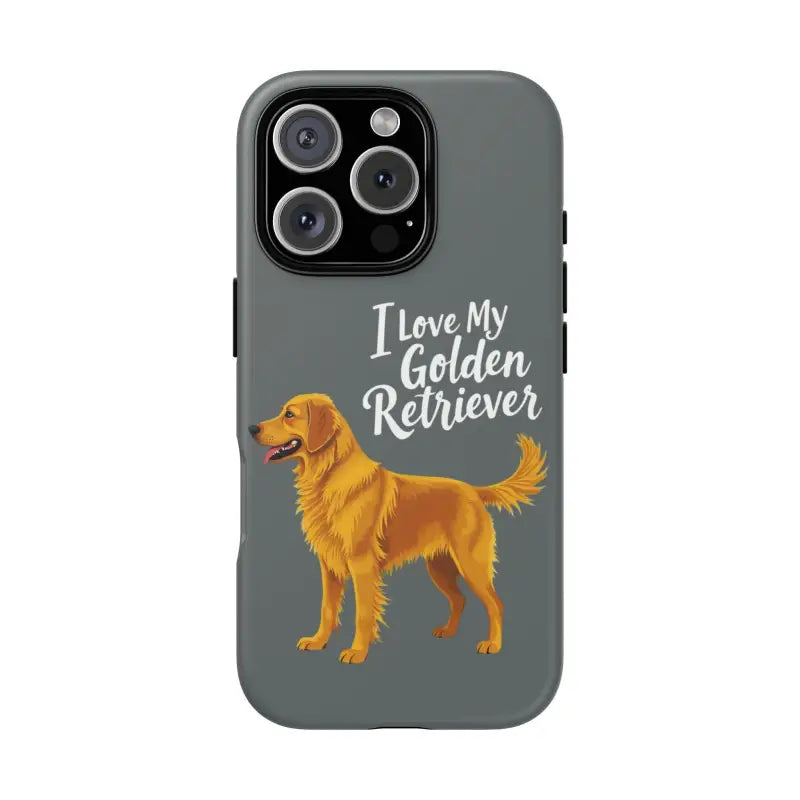 Gray iPhone 16 Pro phone case featuring a golden retriever design