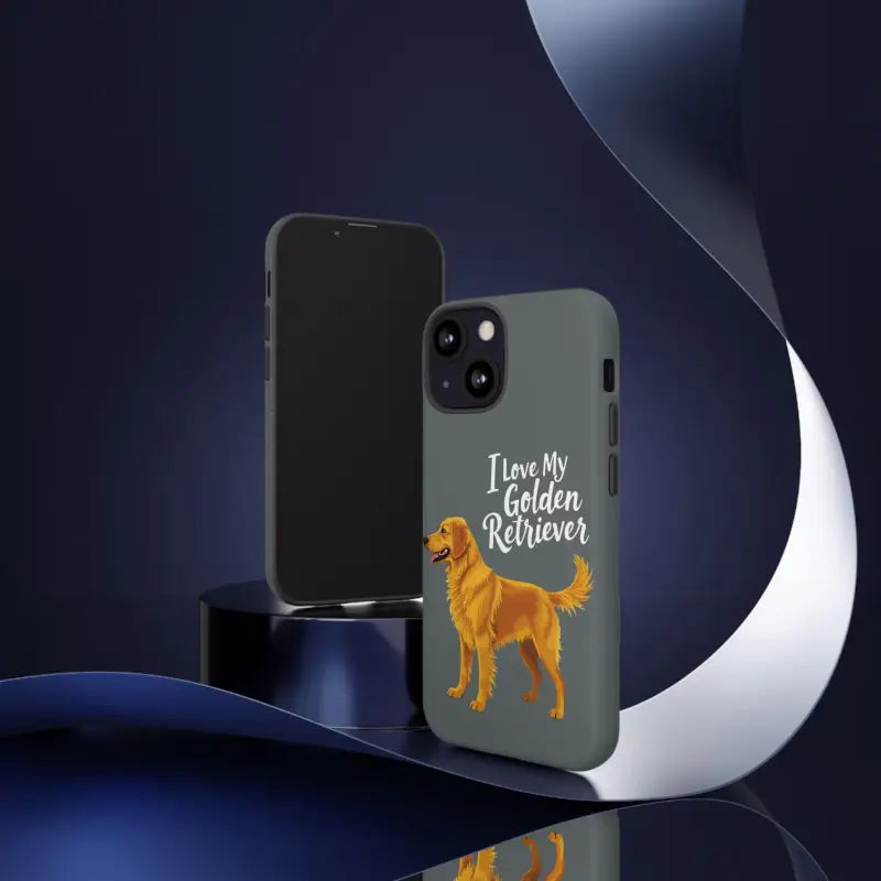 Gray phone case with golden retriever design for iPhone 16 Pro