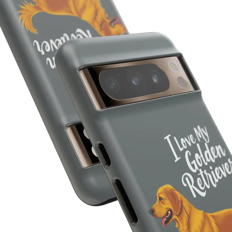 Gray phone case with a Golden Retriever design for iPhone 16 Pro