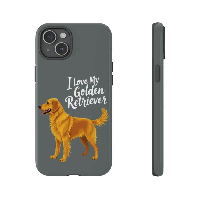 Gray iPhone 16 Pro phone case featuring a Golden Retriever design for dog lovers