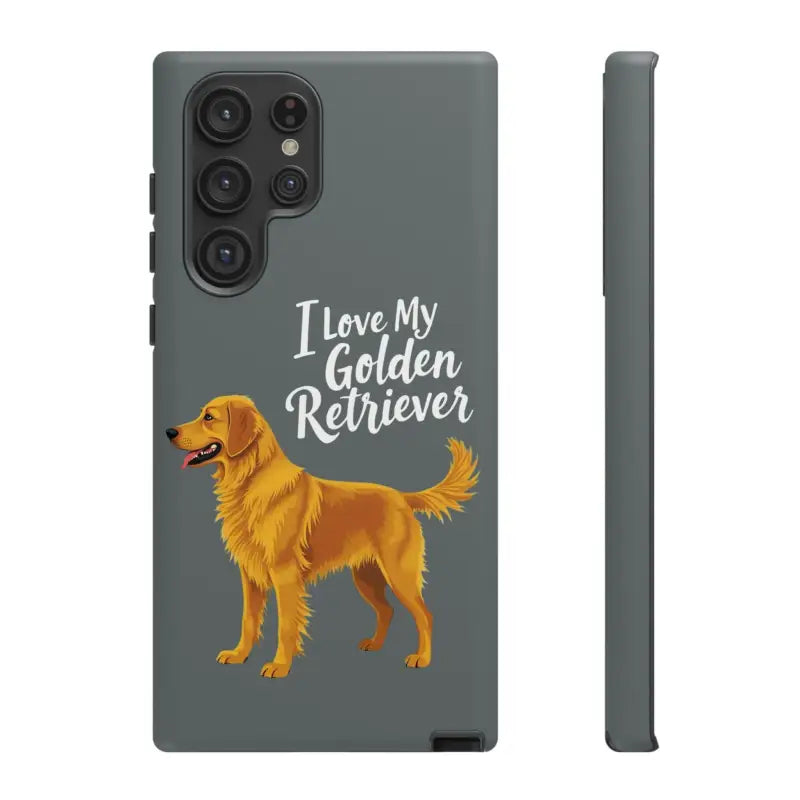Gray phone case with golden retriever design for iPhone 16 Pro