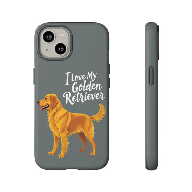 Gray phone case with golden retriever design for iPhone 16 Pro