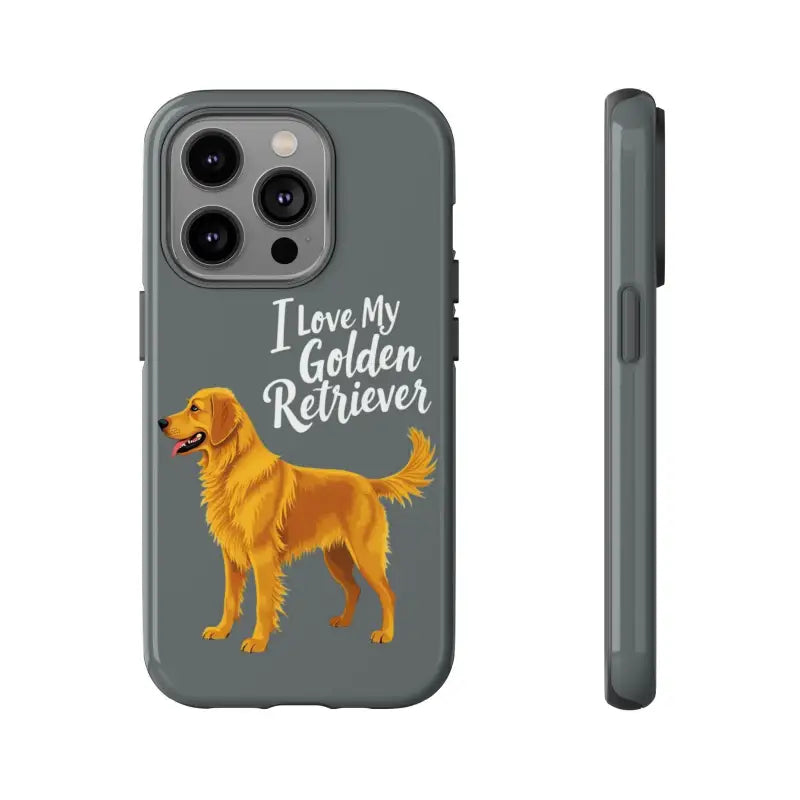 Gray Phone Case Featuring Golden Retriever Design for iPhone 16 Pro on display