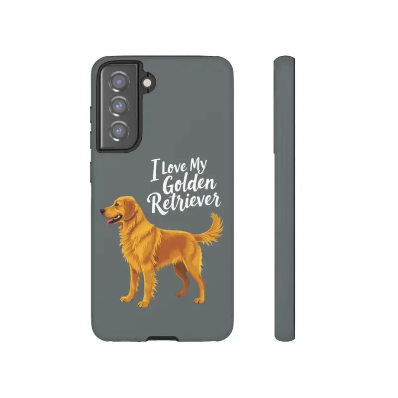 Gray Phone Case featuring Golden Retriever design for iPhone 16 Pro on display