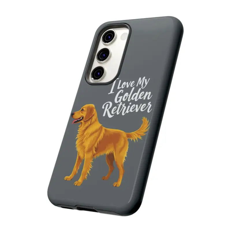 Gray phone case with a Golden Retriever design for iPhone 16 Pro