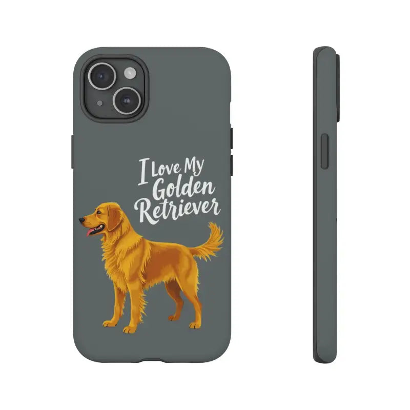 Gray phone case with golden retriever design for iPhone 16 Pro