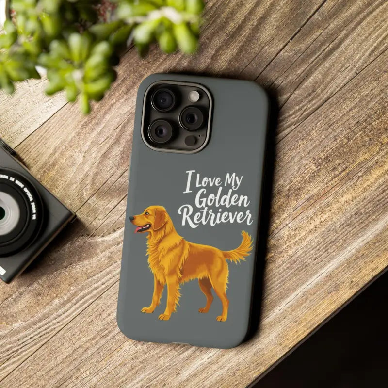 Gray Phone Case Featuring Golden Retriever Design for iPhone 16 Pro displayed prominently