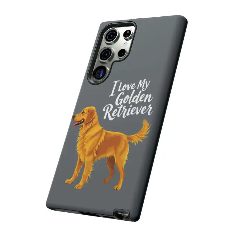 Gray phone case with golden retriever design for iPhone 16 Pro