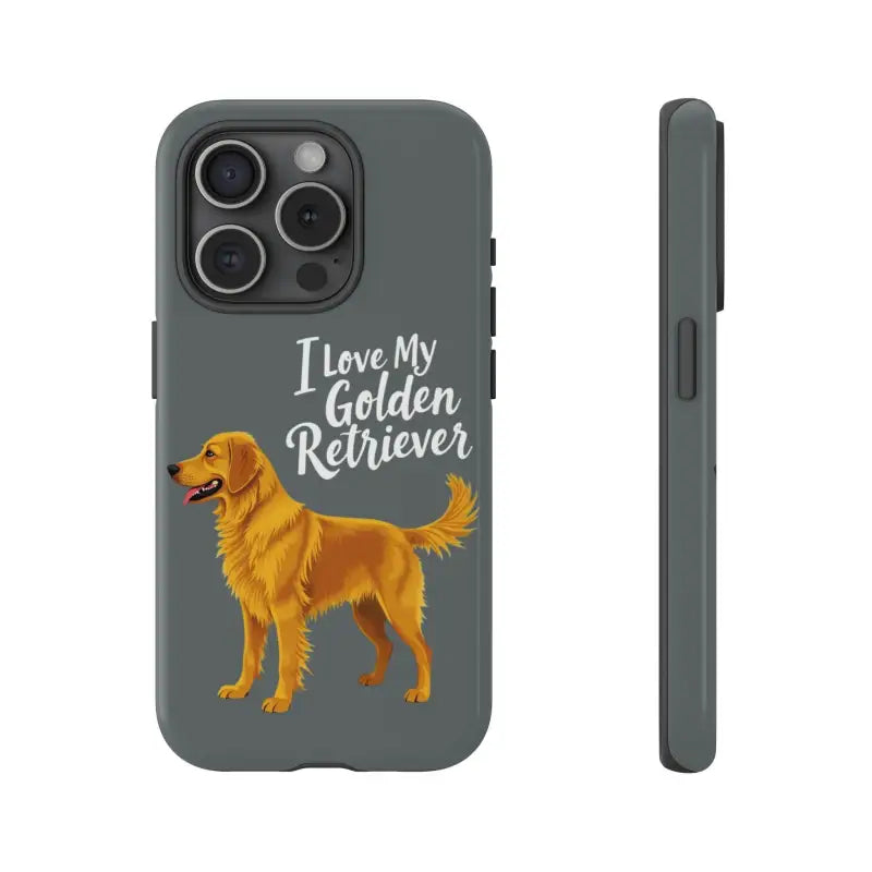 Gray phone case with golden retriever design for iPhone 16 Pro