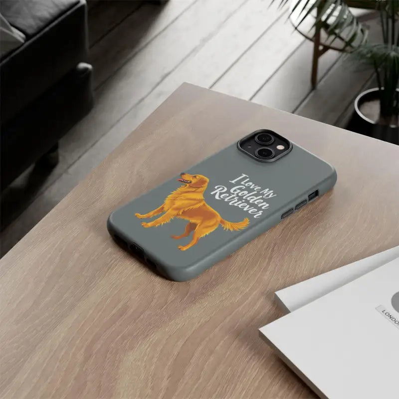 Gray phone case with a Golden Retriever design for iPhone 16 Pro