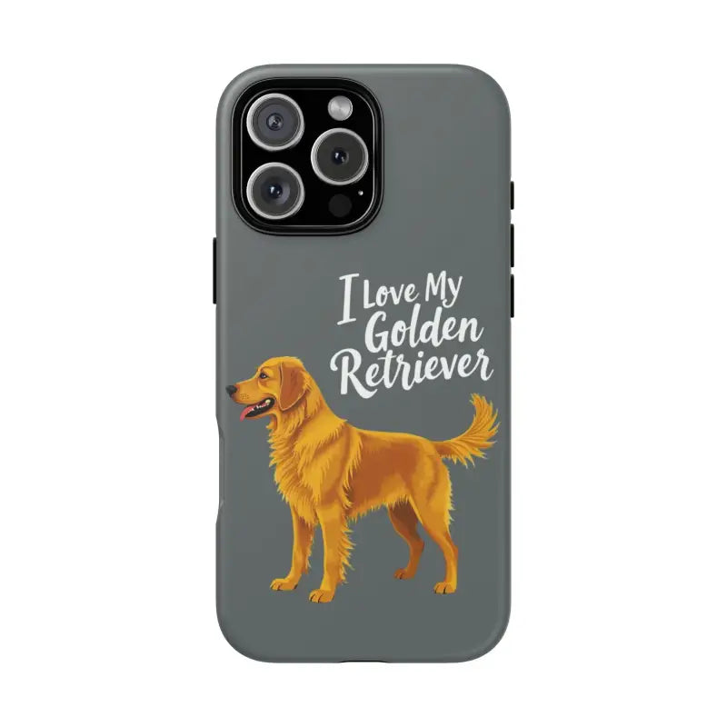 Gray Phone Case Featuring Golden Retriever Design for iPhone 16 Pro on display