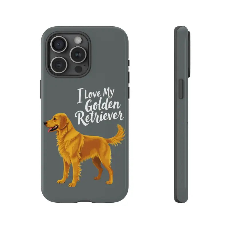 Gray Phone Case Featuring Golden Retriever Design for iPhone 16 Pro as pet accessory