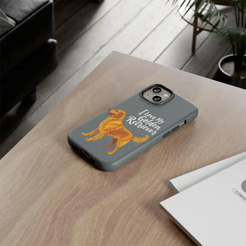 Gray phone case with a Golden Retriever design for iPhone 16 Pro