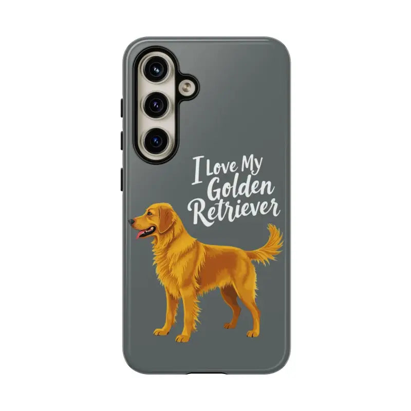 Gray Phone Case Featuring Golden Retriever Design for iPhone 16 Pro on display