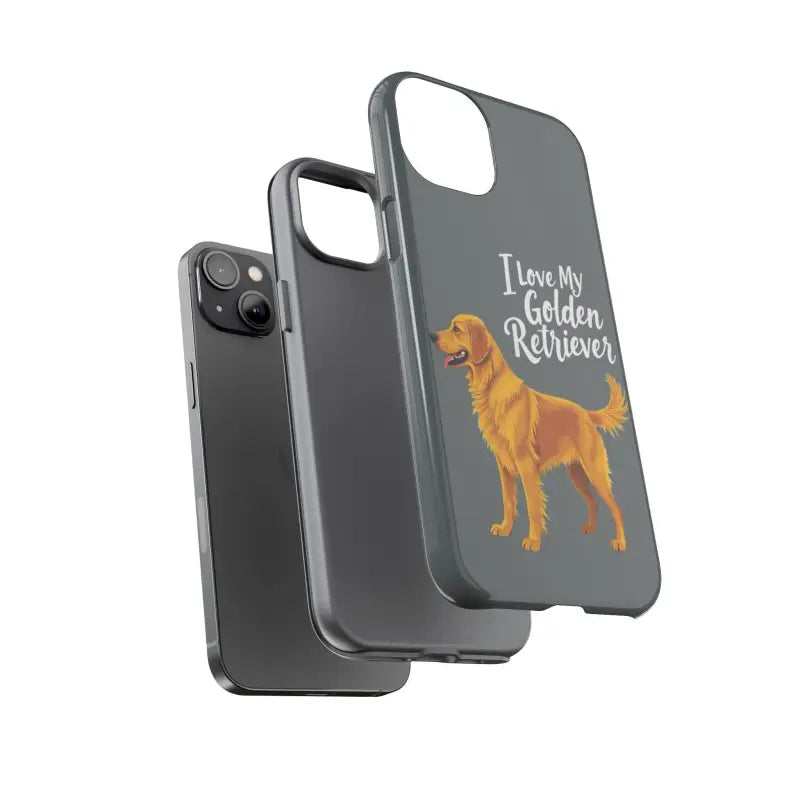 Gray Phone Case Featuring Golden Retriever Design for iPhone 16 Pro, stylish and fun