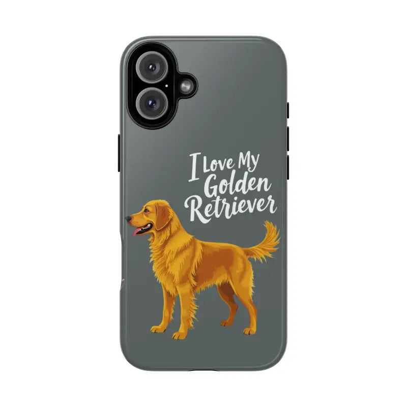 Gray Phone Case Featuring Golden Retriever Design for iPhone 16 Pro on display