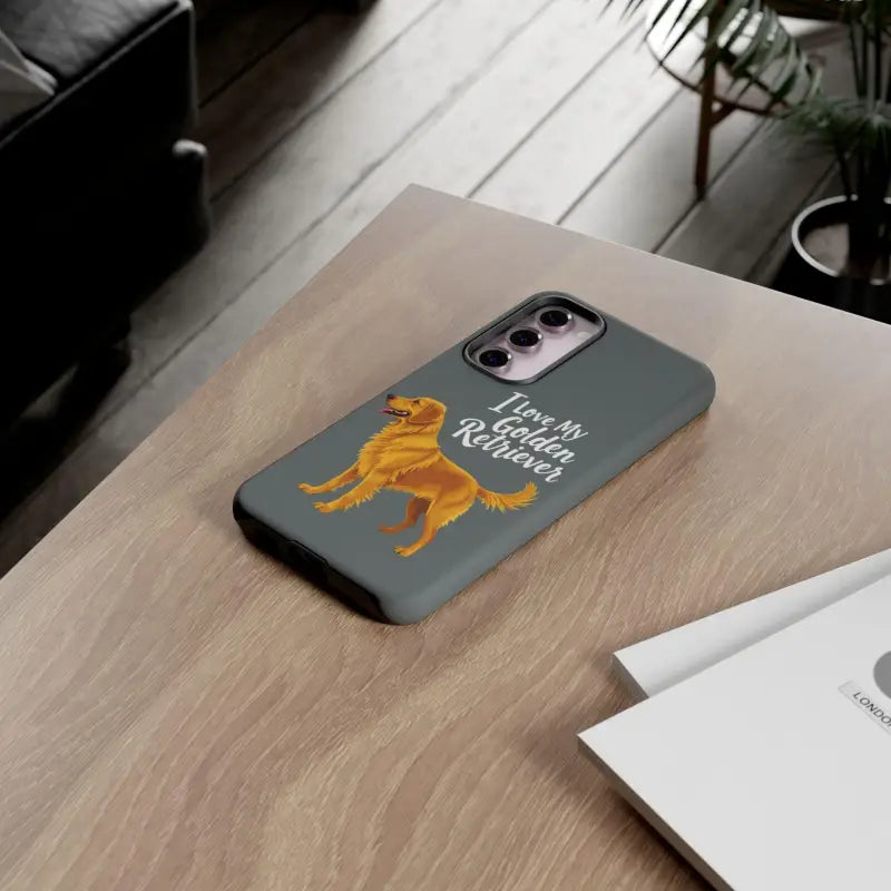 Gray iPhone 16 Pro case featuring a stylish Golden Retriever design