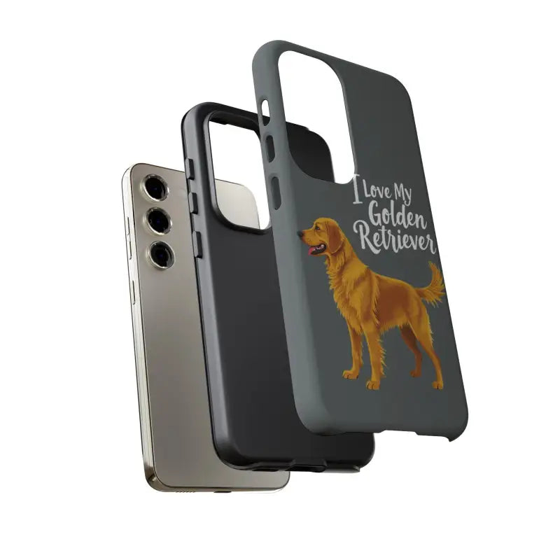 Gray Phone Case Featuring Golden Retriever Design for iPhone 16 Pro displayed stylishly