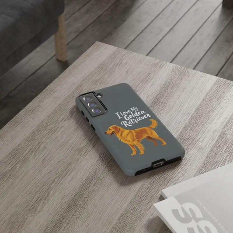 Gray Phone Case featuring Golden Retriever design for iPhone 16 Pro displayed on table