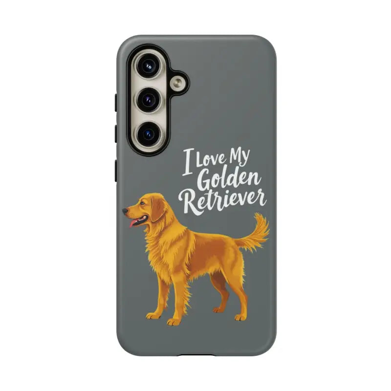 Gray phone case with a golden retriever design for iPhone 16 Pro