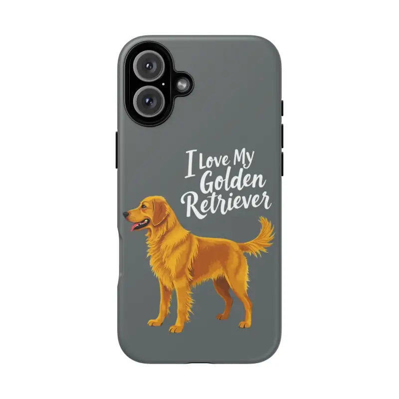 Gray Phone Case Featuring Golden Retriever Design for iPhone 16 Pro displayed on a surface