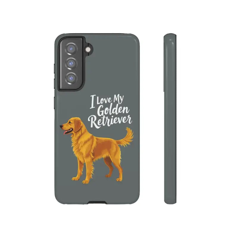 Gray phone case for iPhone 16 Pro featuring a Golden Retriever design