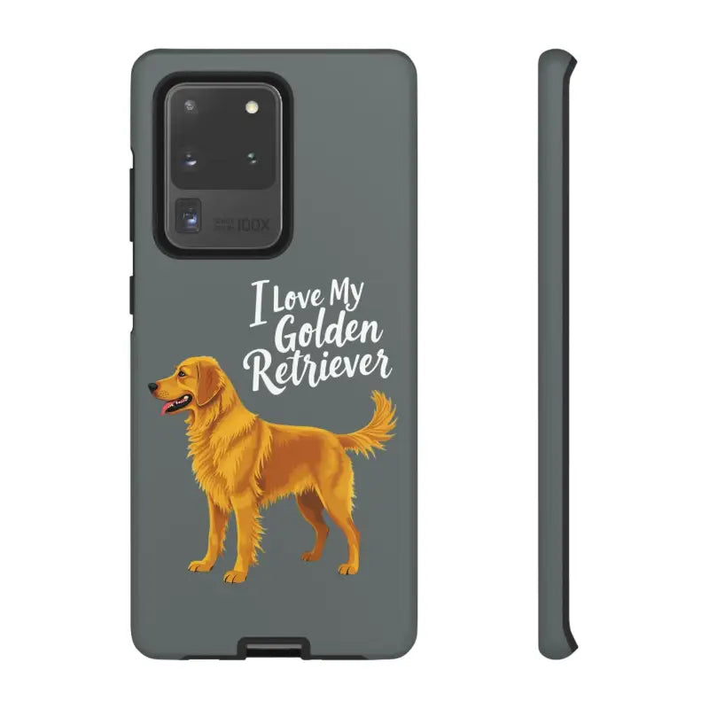 Gray Phone Case Featuring Golden Retriever Design for iPhone 16 Pro displayed prominently