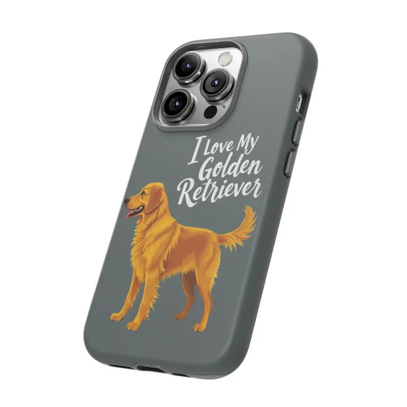 Gray phone case with golden retriever design for iPhone 16 Pro, stylish and protective