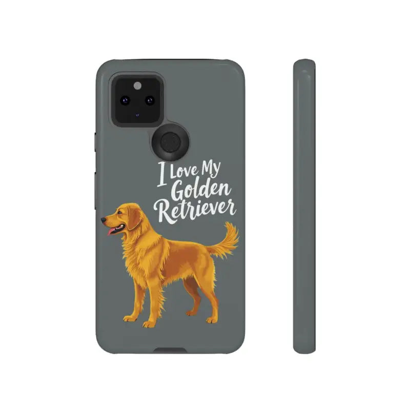 Gray phone case with golden retriever design for iPhone 16 Pro, stylish and functional