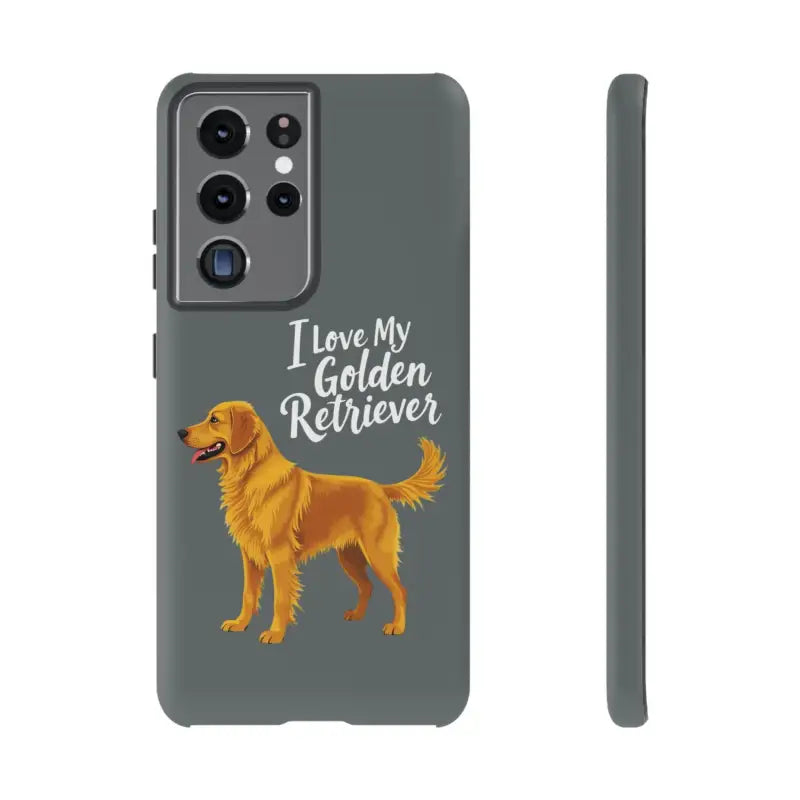 Gray Phone Case Featuring Golden Retriever Design for iPhone 16 Pro displayed prominently