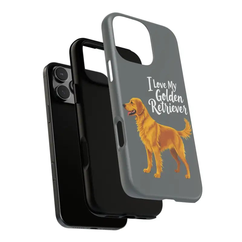 Gray Phone Case Featuring Golden Retriever Design for iPhone 16 Pro showcased