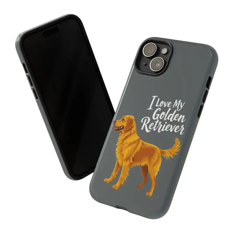 Gray Phone Case Featuring Golden Retriever Design for iPhone 16 Pro with two smartphones