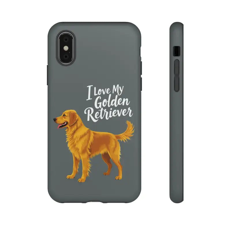 Gray phone case with golden retriever design for iPhone 16 Pro