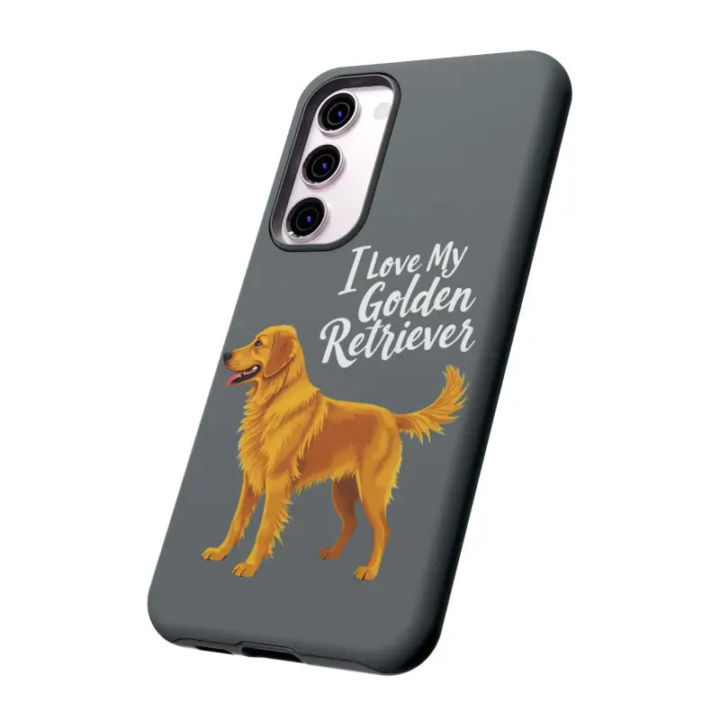 Gray phone case for iPhone 16 Pro featuring a stylish Golden Retriever design