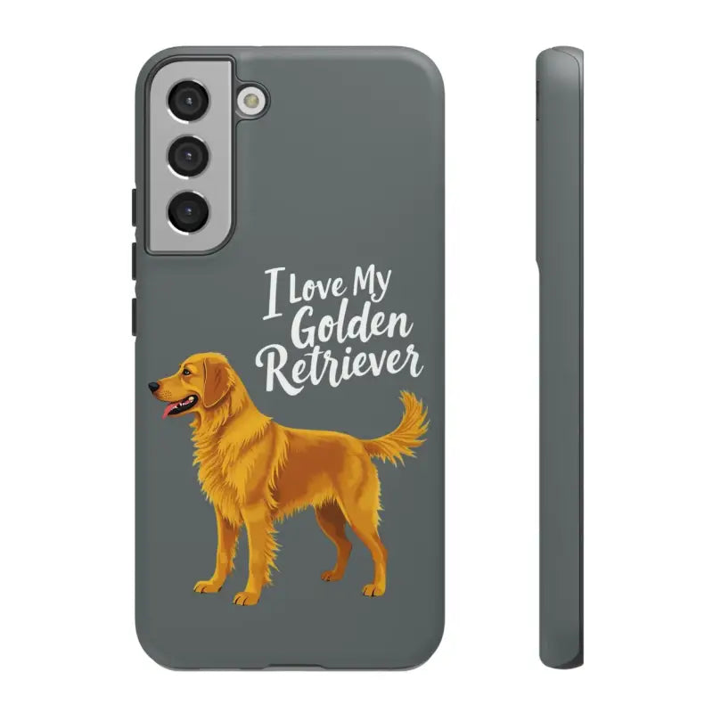 Gray phone case with golden retriever design for iPhone 16 Pro, stylish and unique