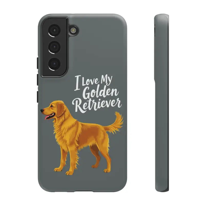 Gray phone case with golden retriever design for iPhone 16 Pro showcased