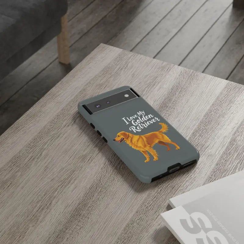 Gray phone case with golden retriever design for iPhone 16 Pro