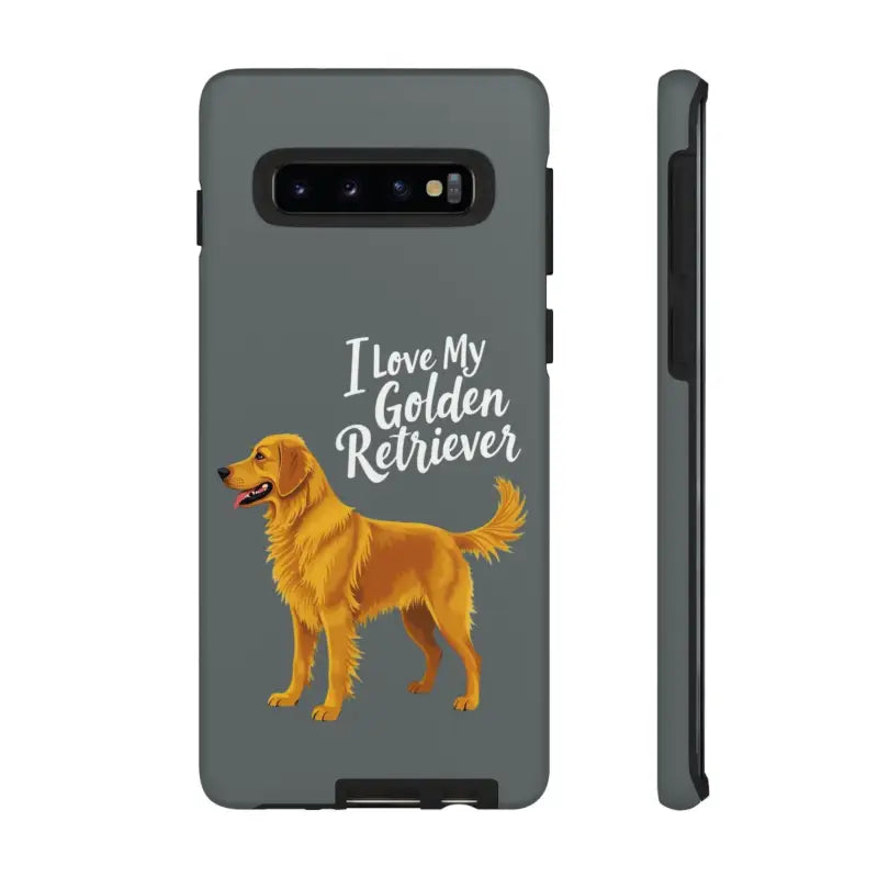 Gray iPhone 16 Pro phone case featuring a charming Golden Retriever design