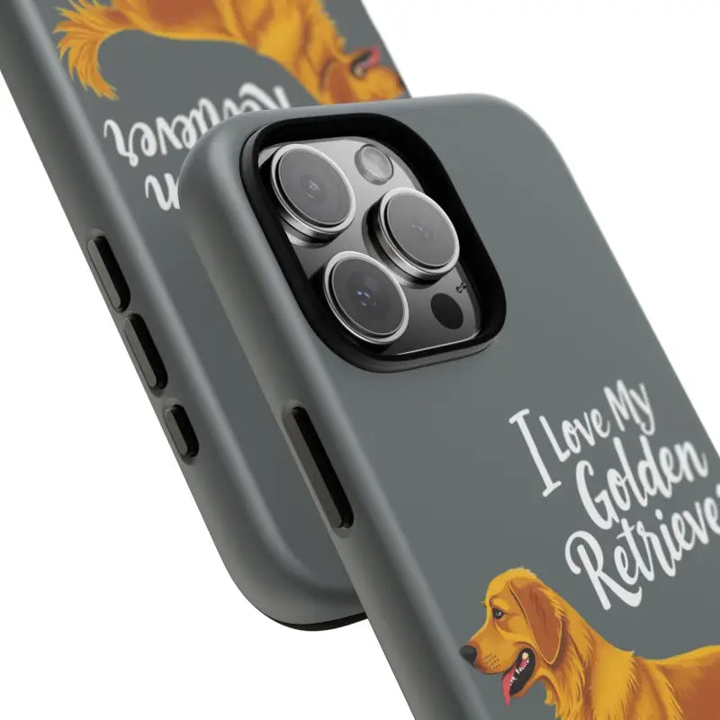 Gray phone case with golden retriever design suitable for iPhone 16 Pro