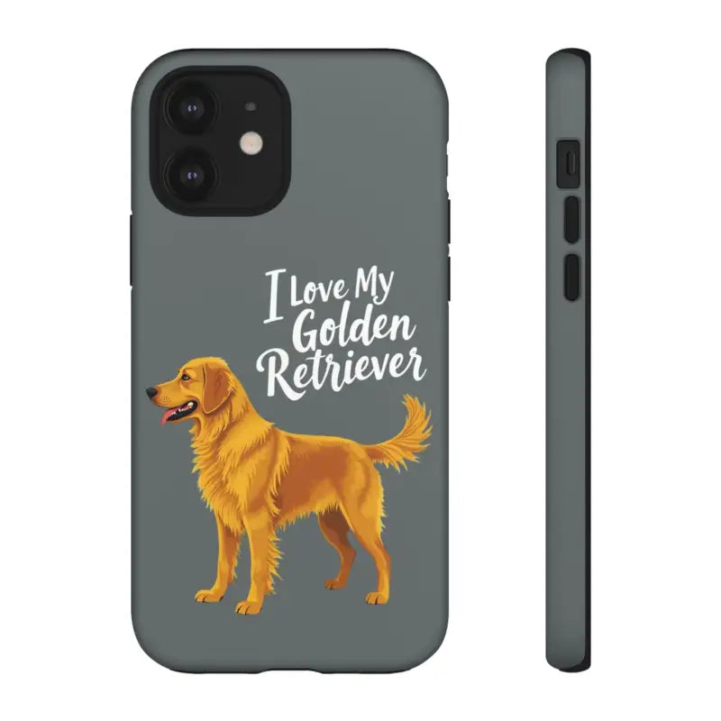 Gray Phone Case featuring Golden Retriever design for iPhone 16 Pro on display