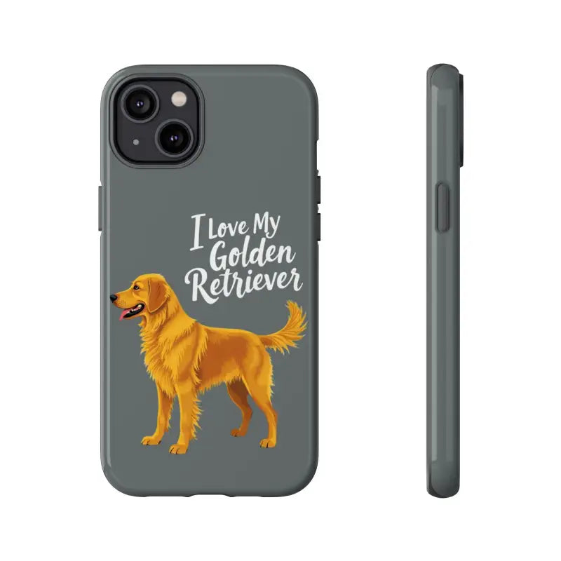 Gray phone case with golden retriever design for iPhone 16 Pro