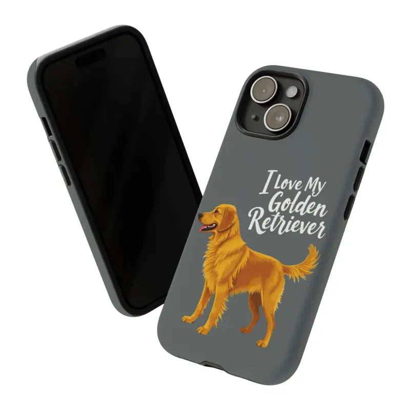 Gray Phone Case Featuring Golden Retriever Design for iPhone 16 Pro, stylish accessory