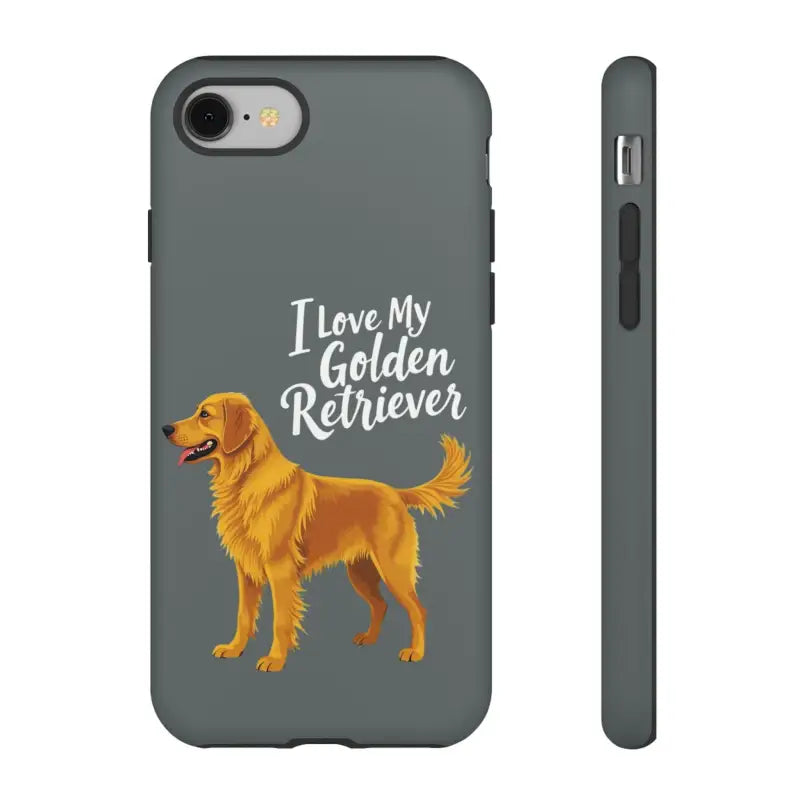 Gray Phone Case Featuring Golden Retriever Design for iPhone 16 Pro displayed on surface