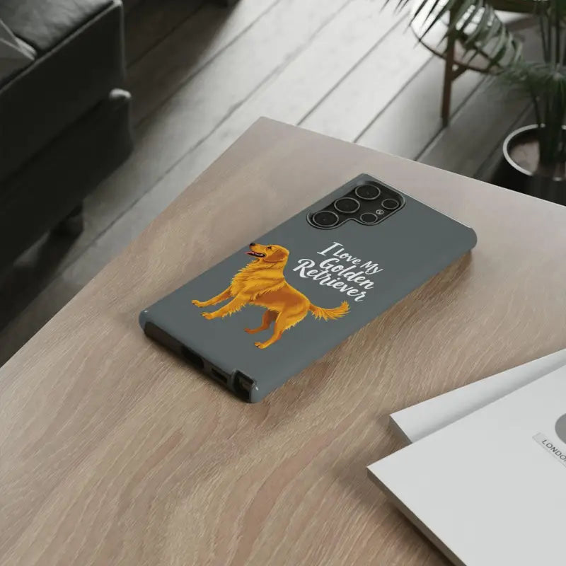 Gray phone case with golden retriever design for iPhone 16 Pro showcased elegantly