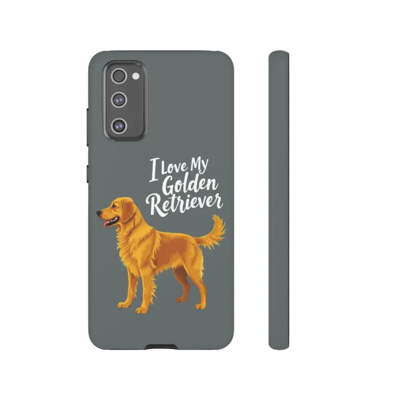 Gray phone case with golden retriever design for iPhone 16 Pro