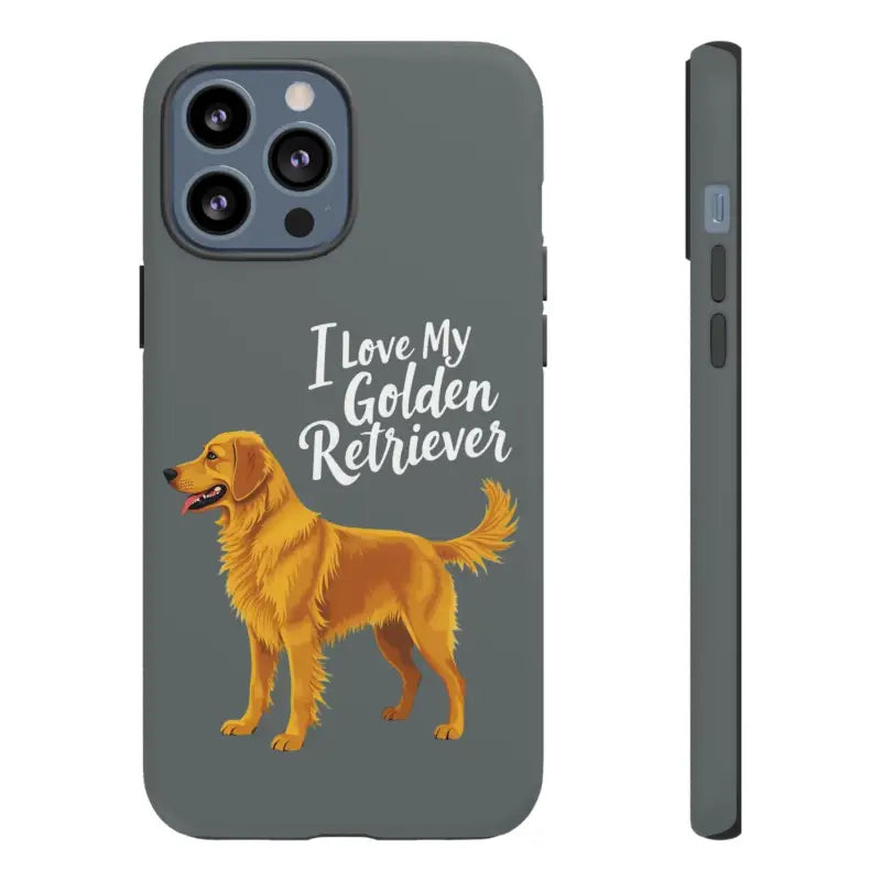 Gray phone case with golden retriever design for iPhone 16 Pro
