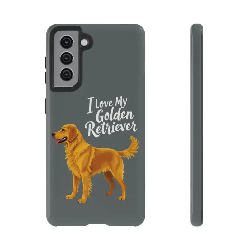 Gray Phone Case Featuring Golden Retriever Design for iPhone 16 Pro in a stylish display